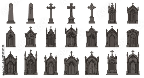 Tableau sur toile Graveyard Tombstones and Mausoleums Gothic Architectural Styles Vector Art