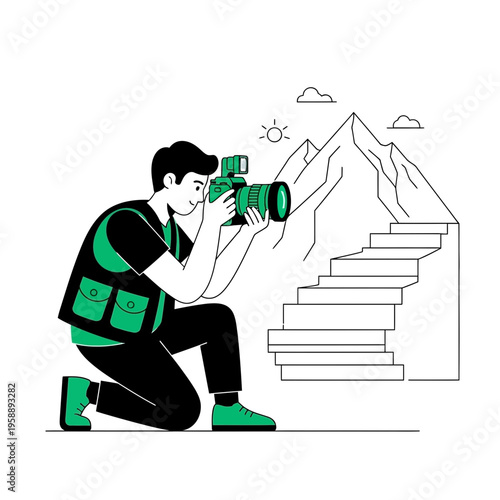 Adventurous Photographer Capturing Mountain Scenery With Professional Camera Equipment