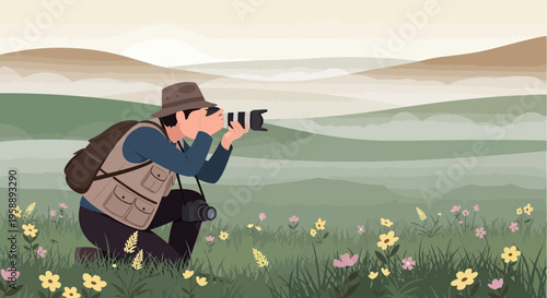 Adventurous Photographer Capturing Nature's Serene Landscapes Amidst Blooming Wildflowers