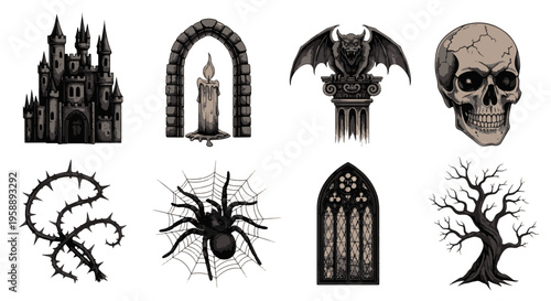 Gothic Halloween Elements Castle Skull Spider Thorny Branches and Bare Tree