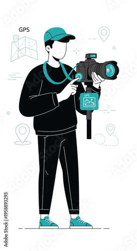 Adventurous Photographer Capturing Memories With Professional Camera And Gps Tracking