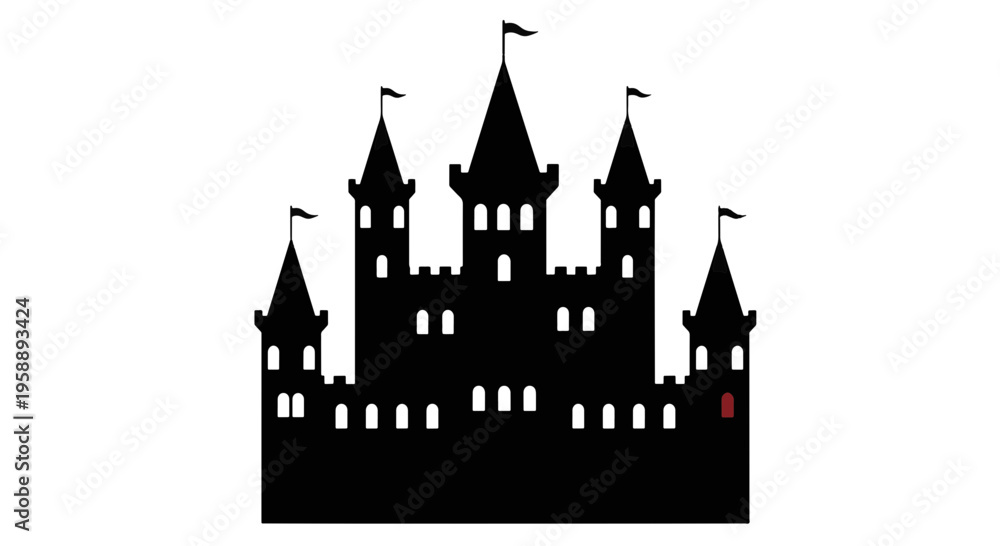 Obraz premium Black Castle Silhouette with Red Door on White Background