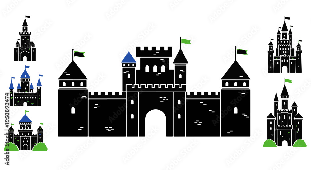 Fototapeta premium Collection of Stylized Black Castles and Towers with Flags