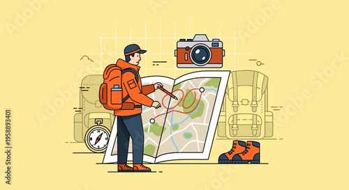 Adventurous Traveler Planning A Hiking Expedition With Map And Backpack