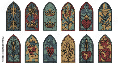 Stained Glass Windows Religious Symbols Crowns Hearts Flowers Wheat Grapes Star