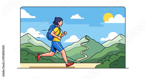 Adventurous Runner Trekking Mountain Path Under Sunny Sky