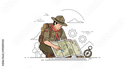 Adventurous Scout Navigating with Map and Compass Planning Expedition