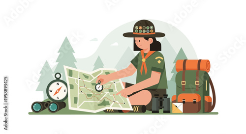 Adventurous Scout Studying Map In Forest Scene