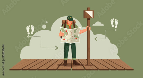 Adventurous Scout Navigating With Map And Directional Signpost