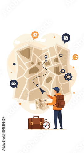 Adventurous Traveler Planning Expedition with Map and Compass