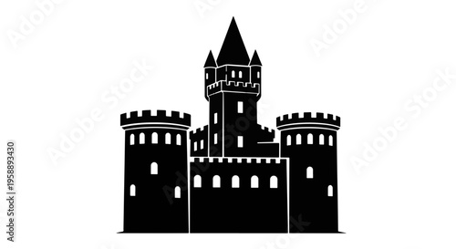 Black Castle Silhouette with Towers and Battlements on White Background
