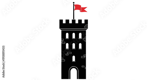 Black Medieval Tower with Red Flag on Top and Small Windows
