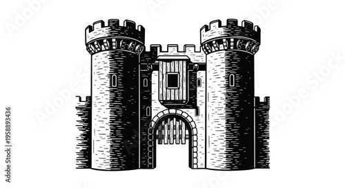 Castle Gatehouse Medieval Fortress Towers Entrance Archway and Drawbridge