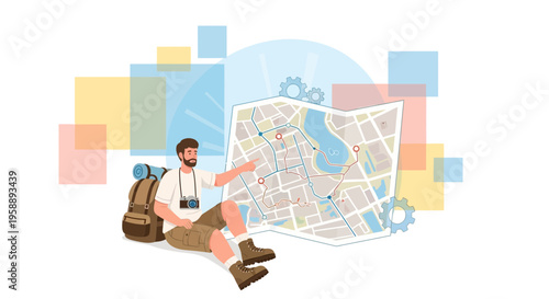 Adventurous Traveler Planning Journey With Detailed City Map Navigation