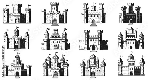 Collection of 12 Black and White Castle Illustrations Different Designs