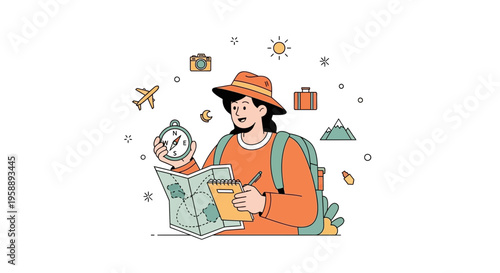Adventurous Traveler Planning Expedition with Map and Compass