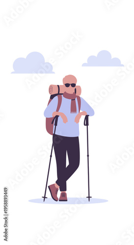 Adventurous Senior Trekker With Backpack And Poles Standing Outdoors