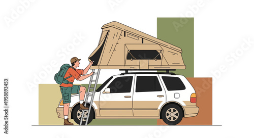 Adventurous Traveler Prepares Rooftop Tent for Outdoor Exploration