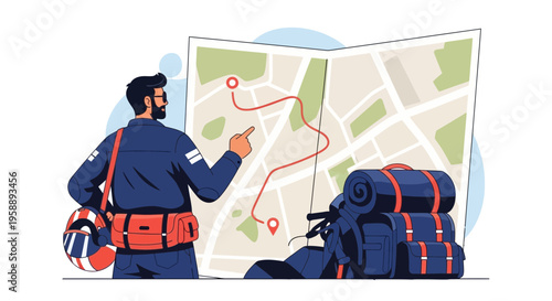 Adventurous Traveler Planning Motorcycle Expedition Route on Map