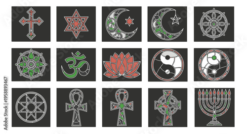 Collection of Religious Symbols Icons Set Isolated