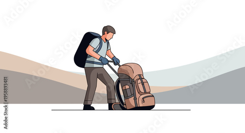 Adventurous Traveler Pulling Large Backpack on Rolling Suitcase Outdoors