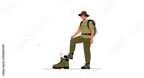Adventurous Traveler Preparing for a Trek with Backpack and Boots Ready for Exploration