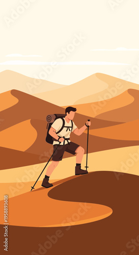 Adventurous Trekker Ascends Vast Sand Dunes Under Warm Desert Sky