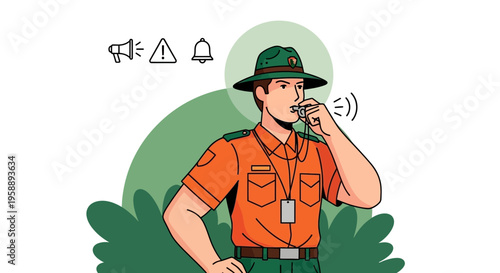 Alert Ranger Blowing Whistle For Attention And Warning