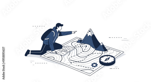 Adventurous Trekker Navigates Mountainous Terrain with Detailed Map and Compass