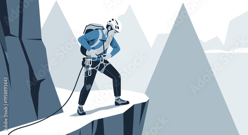 Alpine Climber Preparing For Descent On Snowy Mountain Peak Summit