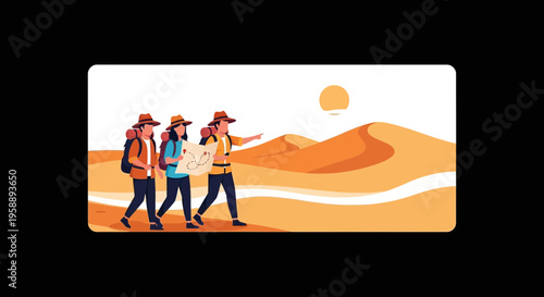 Adventurous Trekkers Navigating Vast Sandy Deserts Under A Bright Sun