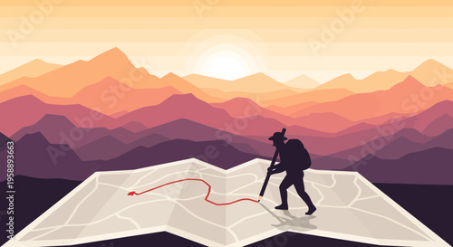 Adventurous Traveler Charts Course Through Majestic Mountain Ranges At Sunrise