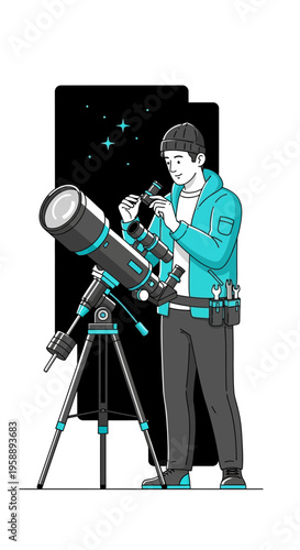 Amateur Astronomer Gazing At The Night Sky With Telescope