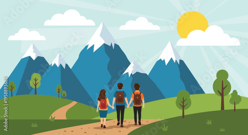 Adventurous Trio Trekking Towards Majestic Snow-Capped Peaks Under Sunny Skies