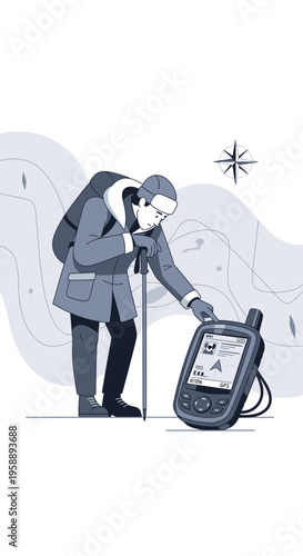 Adventurous Traveler Consulting GPS Device During Cold Weather Expedition
