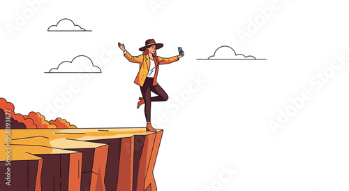 Adventurous Woman Capturing Moment On Cliff Edge