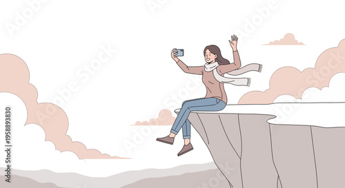 Adventurous Woman Capturing Scenic Cliffside Selfie While Waving Hello To Followers