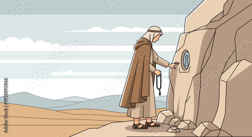 Ancient Pilgrim Seeks Entrance To Hidden Sanctuary In Desert Landscape