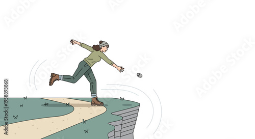 Adventurous Woman Hurls Stone From Cliff Edge