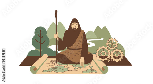 Ancient Sage Contemplating Global Strategy and Mechanized Progress