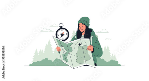 Adventurous Woman Navigates With Map and Compass in Forest Setting
