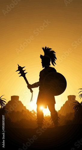 Ancient Warrior Silhouette Against Golden Sunset