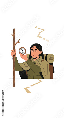 Adventurous Woman Navigates Wilderness With Compass And Hiking Stick