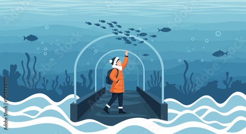 Aquarium Discovery Underwater Tunnel Exploration Child Marvels At School Of Fish