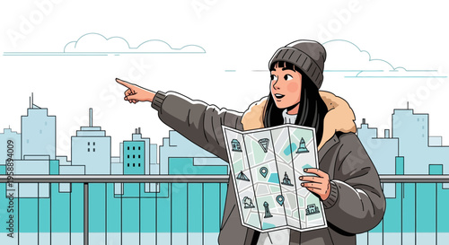 Adventurous Young Woman Navigates Urban Landscape With Folded City Map