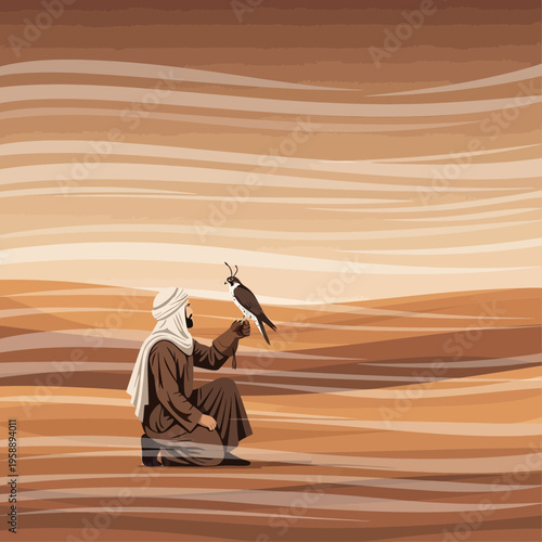 Arabic Man With Falcon In Vast Desert Landscape