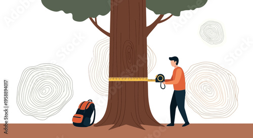 Arboreal Measurement A Man Gathers Data On A Forest Giant
