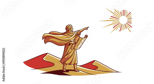 Arabian Traveler Navigating Desert Sands Under Bright Sun Holding Ancient Scroll