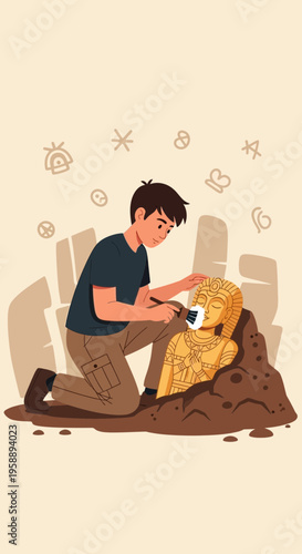 Archaeological Dig Unearths Ancient Golden Bust of Pharaoh in Detailed Illustration