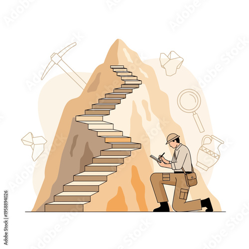 Archaeological Expedition Journey Upward Towards Discovery With Explorer Documenting Findings